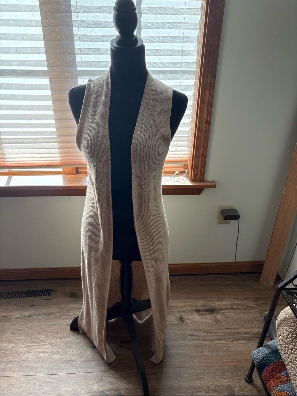 Long Open Front Knit Vest - Beige